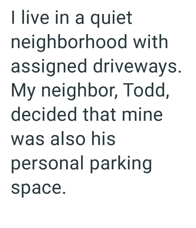 I live in a quiet neighborhood with assigned driveways. My neighbor, Todd, decided that mine was also his personal parking space.