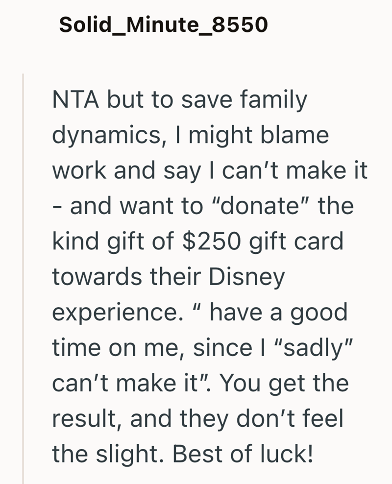 Solid_Minute_8550 NTA but to save family dynamics, I might blame work and say I can't make it - and want to "donate" the kind gift of $250 gift card towards their Disney experience. " have a good time on me, since I "sadly" can't make it". You get the result, and they don't feel the slight. Best of luck!