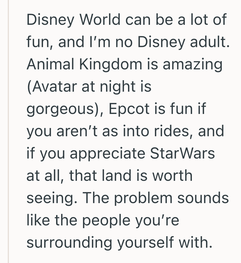 Disney World can be a lot of fun, and I'm no Disney adult. Animal Kingdom is amazing (Avatar at night is gorgeous), Epcot is fun if you aren't as into rides, and if you appreciate StarWars at all, that land is worth seeing. The problem sounds like the people you're surrounding yourself with.