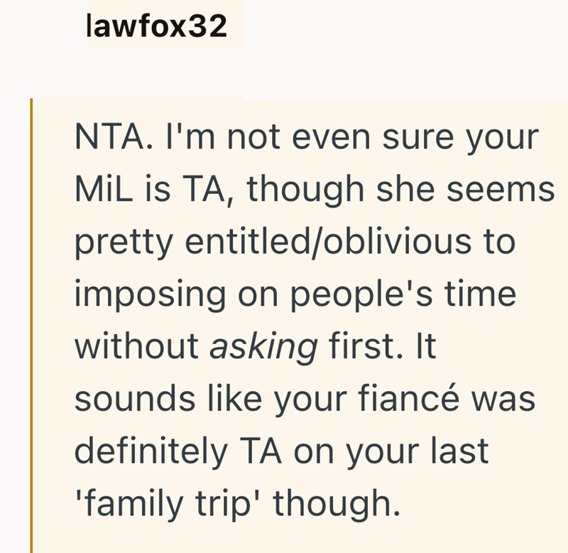 lawfox32 NTA. I'm not even sure your MiL is TA, though she seems pretty entitled/oblivious to imposing on people's time without asking first. It sounds like your fiancé was definitely TA on your last 'family trip' though.