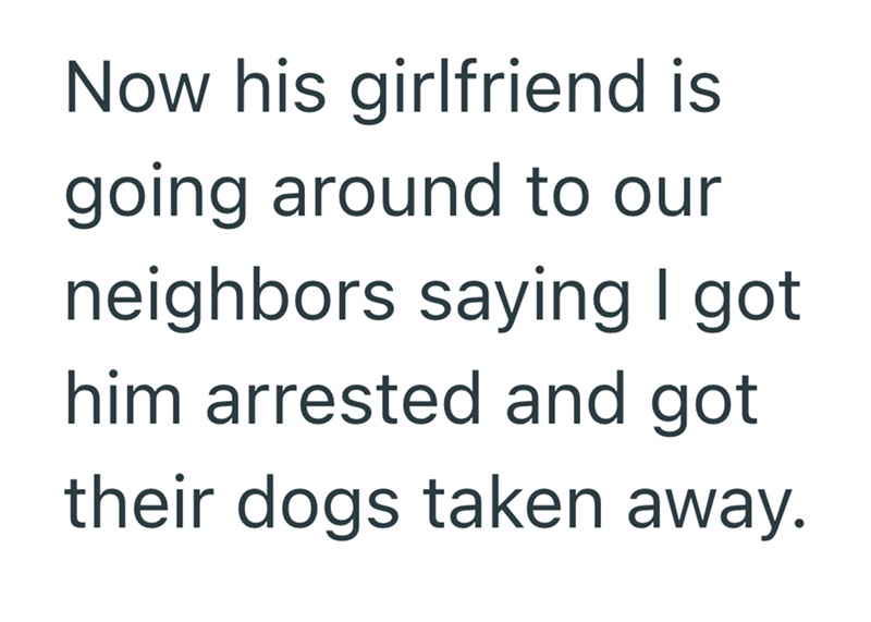 Now his girlfriend is going around to our neighbors saying I got him arrested and got their dogs taken away.