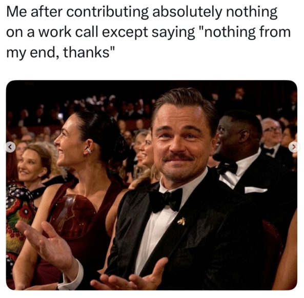 Me after contributing absolutely nothing on a work call except saying "nothing from my end, thanks"