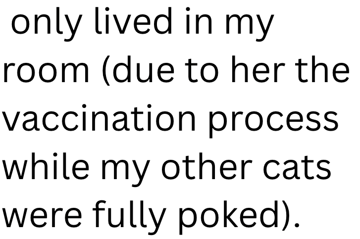 only lived in my room (due to her the vaccination process. while my other cats. were fully poked).