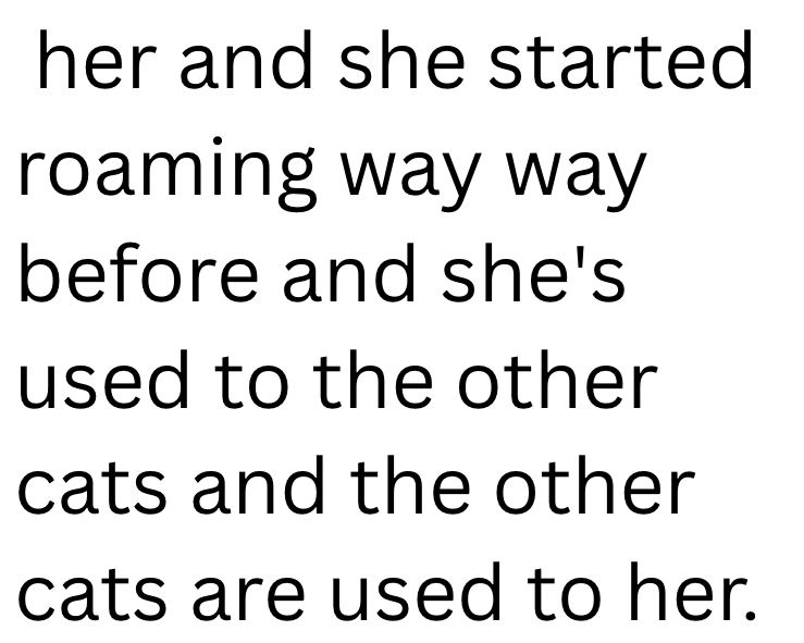 her and she started roaming way way before and she's used to the other cats and the other cats are used to her.
