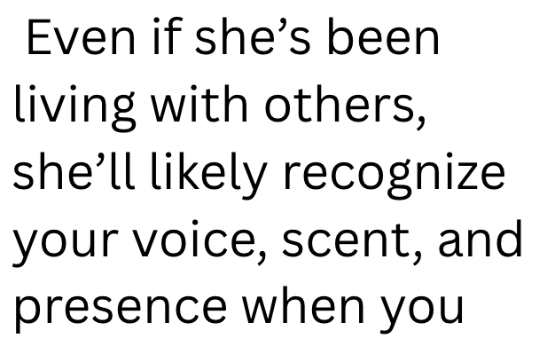 Even if she's been living with others, she'll likely recognize your voice, scent, and presence when you