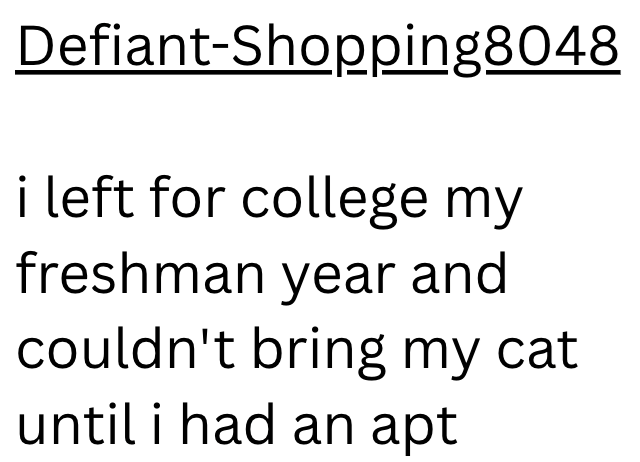 Defiant-Shopping8048 i left for college my freshman year and couldn't bring my cat until i had an apt