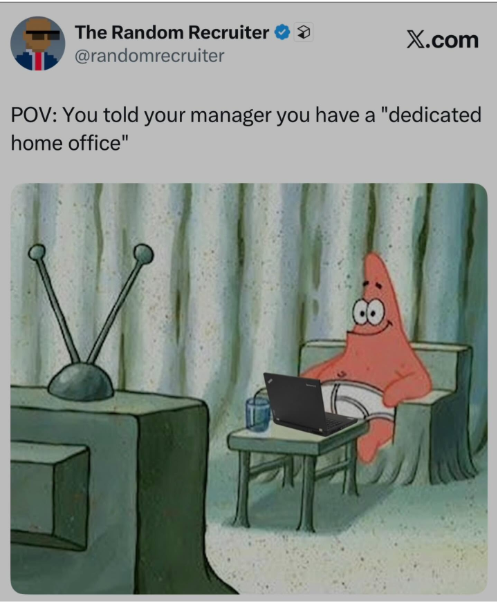 The Random Recruiter @randomrecruiter X.com POV: You told your manager you have a "dedicated home office"