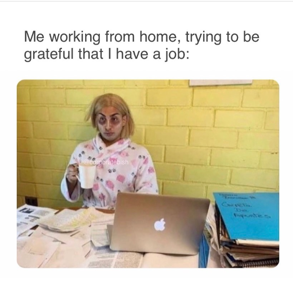 Me working from home, trying to be grateful that I have a job: @corporatebish