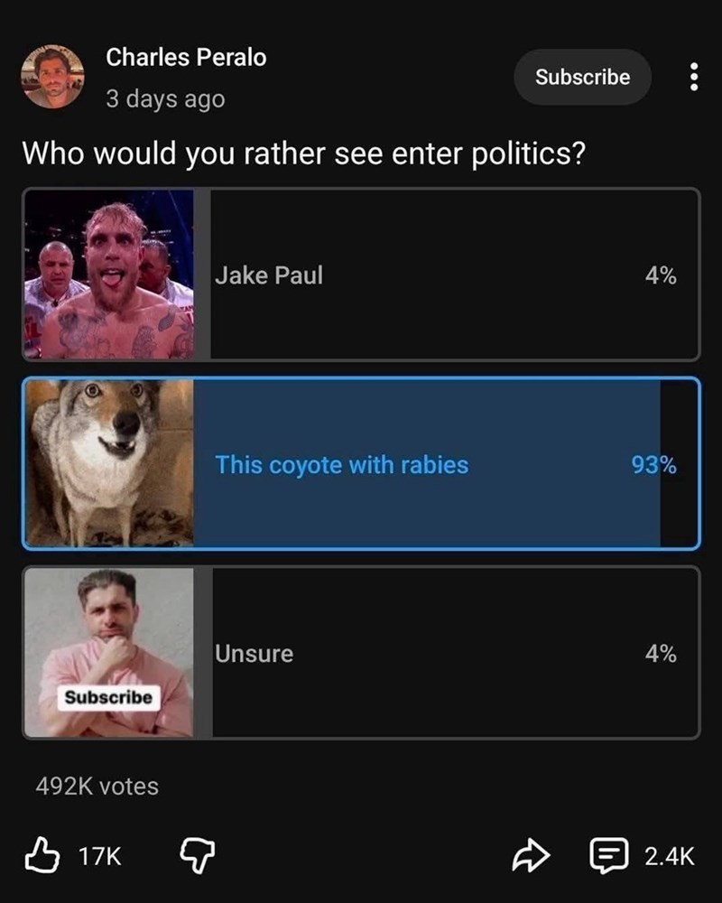 Charles Peralo 3 days ago Subscribe Who would you rather see enter politics? Subscribe 492K votes 17K Jake Paul 4% This coyote with rabies 93% Unsure 4% 2.4K