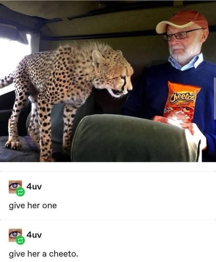 4uv give her one 4uv give her a cheeto. Cheetos