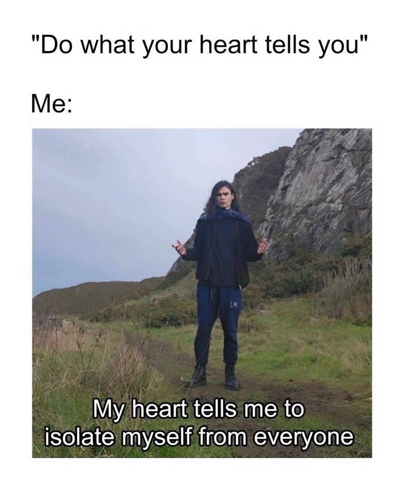 "Do what your heart tells you" Me: My heart tells me to isolate myself from everyone