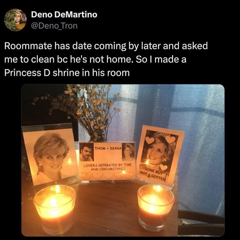 Deno DeMartino @Deno_Tron Roommate has date coming by later and asked me to clean bc he's not home. So I made a Princess D shrine in his room THOM DIANA LOVERS SEPERATED BY TIME AND CIRCUMSTANCE GONE BUT NOT&GOTTEN