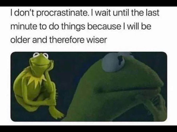 I don't procrastinate. I wait until the last minute to do things because I will be older and therefore wiser