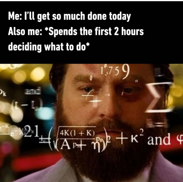 Me: I'll get so much done today Also me: *Spends the first 2 hours deciding what to do* 1,759 Ok and Σ 214K(1+K) √(AP+ n) A++к² and &