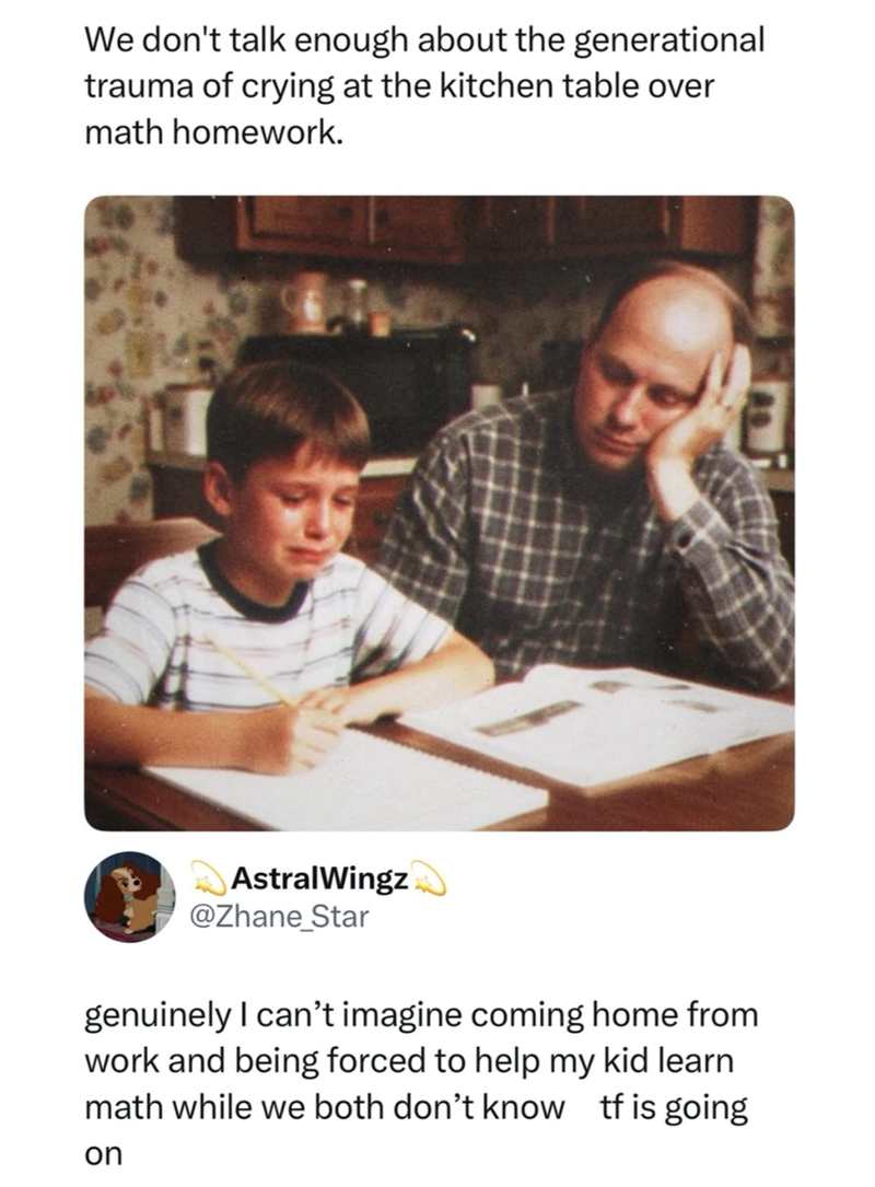We don't talk enough about the generational trauma of crying at the kitchen table over math homework. AstralWingz @Zhane_Star genuinely I can't imagine coming home from work and being forced to help my kid learn math while we both don't know tf is going on