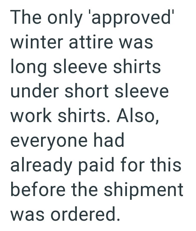 The only 'approved' winter attire was long sleeve shirts under short sleeve work shirts. Also, everyone had already paid for this before the shipment was ordered.