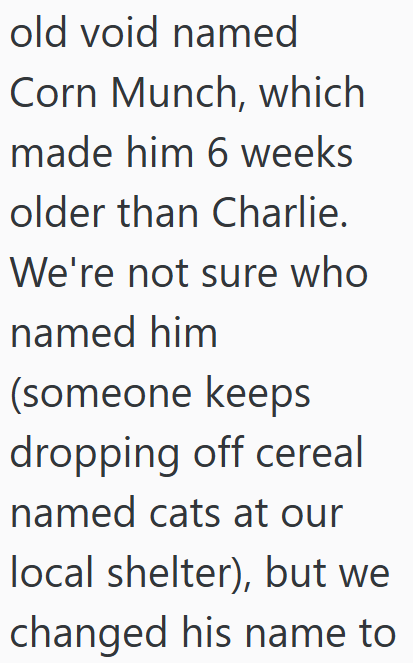 old void named Corn Munch, which made him 6 weeks older than Charlie. We're not sure who named him (someone keeps dropping off cereal named cats at our local shelter), but we changed his name to