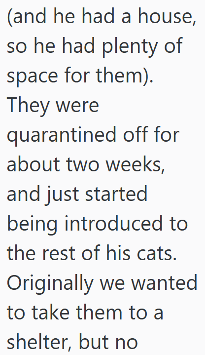 (and he had a house, so he had plenty of space for them). They were quarantined off for about two weeks, and just started being introduced to the rest of his cats. Originally we wanted to take them to a shelter, but no