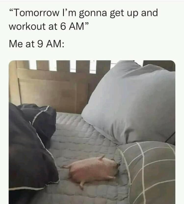 "Tomorrow I'm gonna get up and workout at 6 AM" Me at 9 AM: