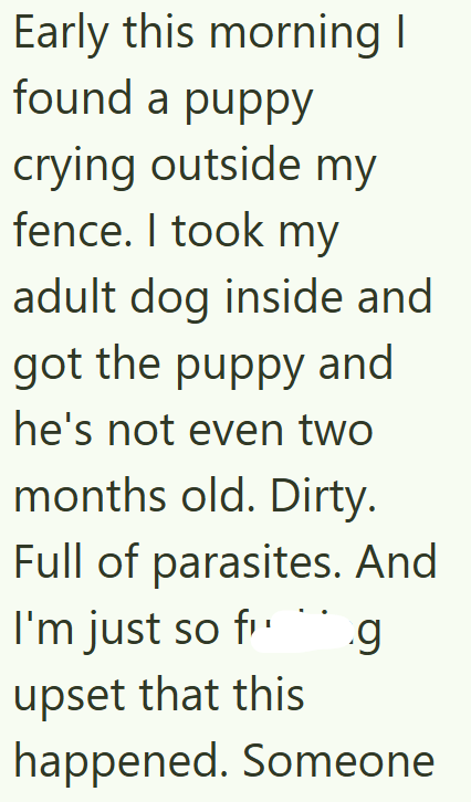 Early this morning I found a puppy crying outside my fence. I took my adult dog inside and got the puppy and he's not even two months old. Dirty. Full of parasites. And I'm just so fi upset that this .g happened. Someone