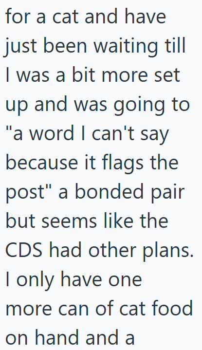for a cat and have just been waiting till I was a bit more set up and was going to "a word I can't say because it flags the post" a bonded pair but seems like the CDS had other plans. I only have one more can of cat food on hand and a