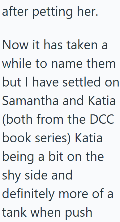 after petting her. Now it has taken a while to name them but I have settled on Samantha and Katia (both from the DCC book series) Katia being a bit on the shy side and definitely more of a tank when push