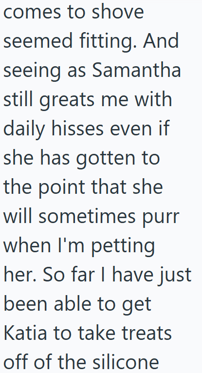 comes to shove seemed fitting. And seeing as Samantha still greats me with daily hisses even if she has gotten to the point that she will sometimes purr when I'm petting her. So far I have just been able to get Katia to take treats off of the silicone