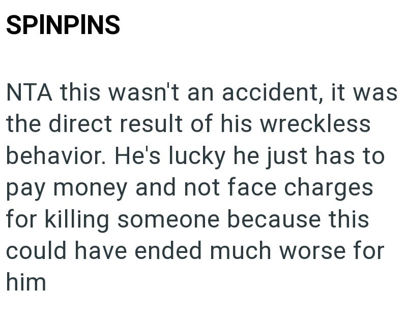 SPINPINS NTA this wasn't an accident, it was the direct result of his wreckless behavior. He's lucky he just has to pay money and not face charges for killing someone because this could have ended much worse for him