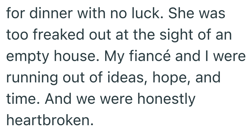 for dinner with no luck. She was too freaked out at the sight of an empty house. My fiancé and I were running out of ideas, hope, and time. And we were honestly heartbroken.