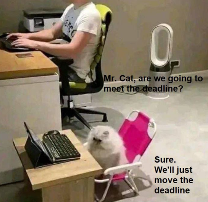 ence 0. Mr. Cat, are we going to meet the deadline? Sure. We'll just move the deadline