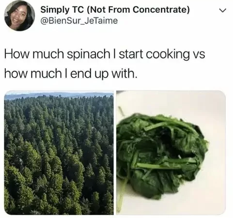Simply TC (Not From Concentrate) @BienSur JeTaime > How much spinach I start cooking vs how much I end up with.