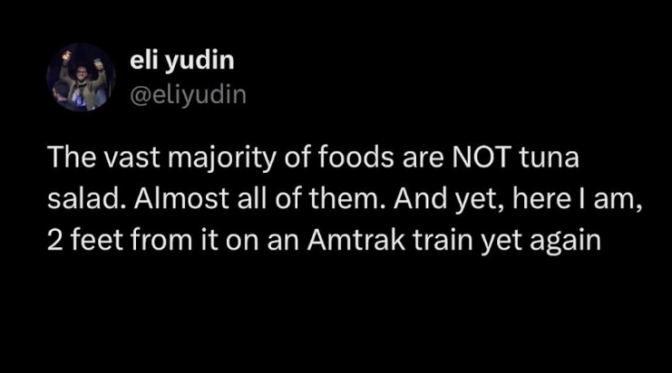 eli yudin @eliyudin The vast majority of foods are NOT tuna salad. Almost all of them. And yet, here I am, 2 feet from it on an Amtrak train yet again