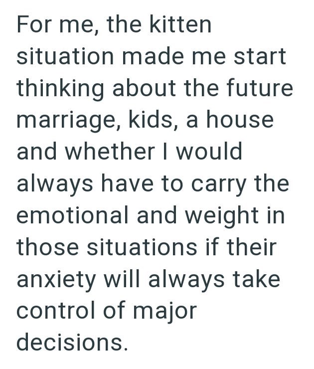 For me, the kitten situation made me start thinking about the future marriage, kids, a house and whether I would always have to carry the emotional and weight in those situations if their anxiety will always take control of major decisions.