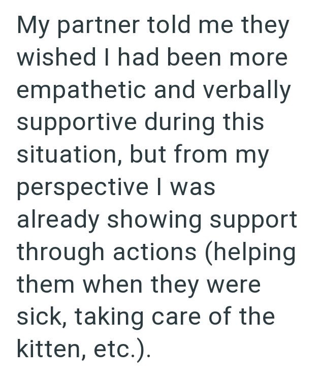 My partner told me they wished I had been more empathetic and verbally supportive during this situation, but from my perspective I was already showing support through actions (helping them when they were sick, taking care of the kitten, etc.).