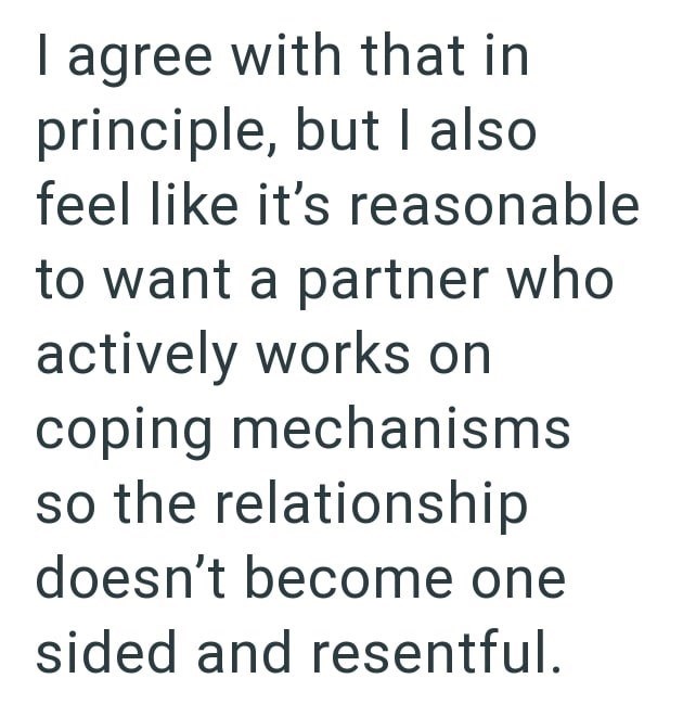 I agree with that in principle, but I also feel like it's reasonable to want a partner who actively works on coping mechanisms so the relationship doesn't become one sided and resentful.