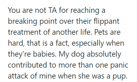 You are not TA for reaching a breaking point over their flippant treatment of another life. Pets are hard, that is a fact, especially when they're babies. My dog absolutely contributed to more than one panic attack of mine when she was a pup.