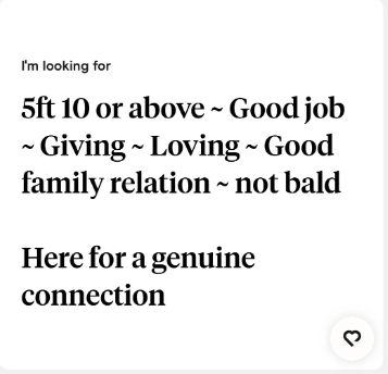 I'm looking for 5ft 10 or above - Good job ~ Giving ~ Loving ~ Good family relation - not bald Here for a genuine connection с