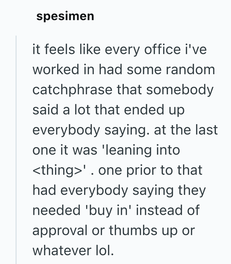 spesimen it feels like every office i've worked in had some random catchphrase that somebody said a lot that ended up everybody saying. at the last one it was 'leaning into <thing>'. one prior to that had everybody saying they needed 'buy in' instead of approval or thumbs up or whatever lol.