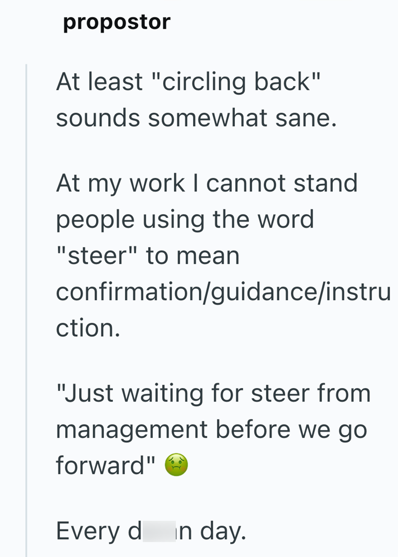 propostor At least "circling back" sounds somewhat sane. At my work I cannot stand people using the word "steer" to mean confirmation/guidance/instru ction. "Just waiting for steer from management before we go. forward" Every d in day.