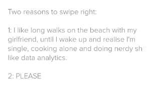 Two reasons to swipe right: 1: I like long walks on the beach with my girlfriend, until I wake up and realise I'm single, cooking alone and doing nerdy sh like data analytics. 2: PLEASE