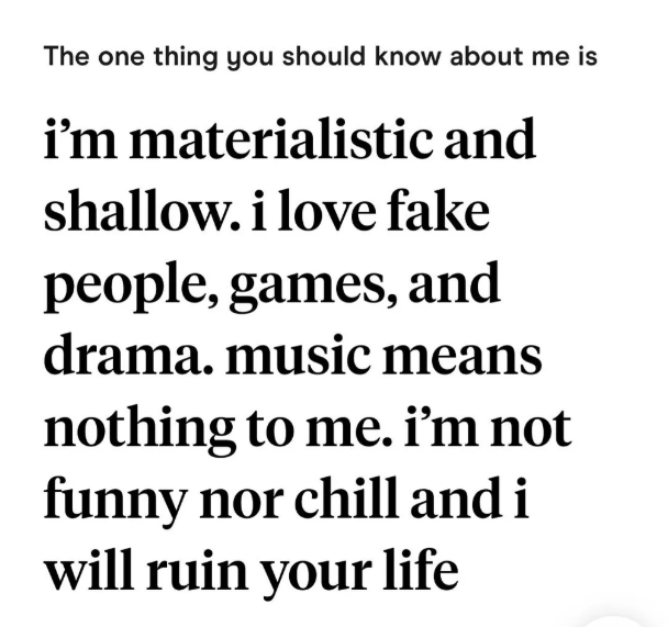 The one thing you should know about me is i'm materialistic and shallow. i love fake people, games, and drama. music means nothing to me. i'm not funny nor chill and i will ruin your life