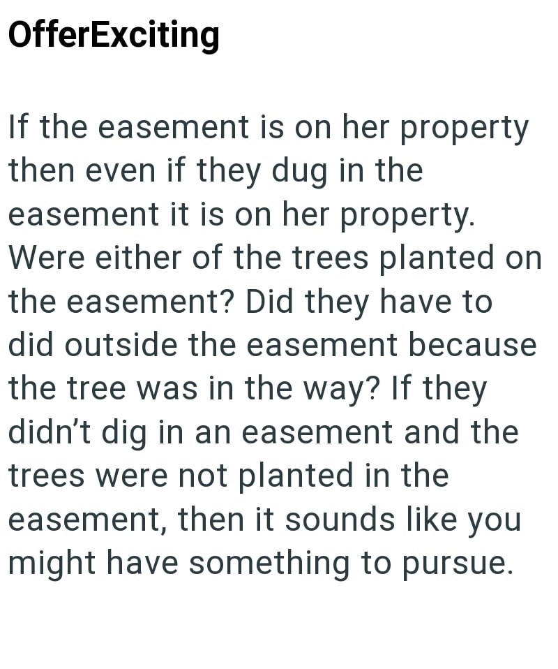 OfferExciting If the easement is on her property then even if they dug in the easement it is on her property. Were either of the trees planted on the easement? Did they have to did outside the easement because the tree was in the way? If they didn't dig in an easement and the trees were not planted in the easement, then it sounds like you might have something to pursue.