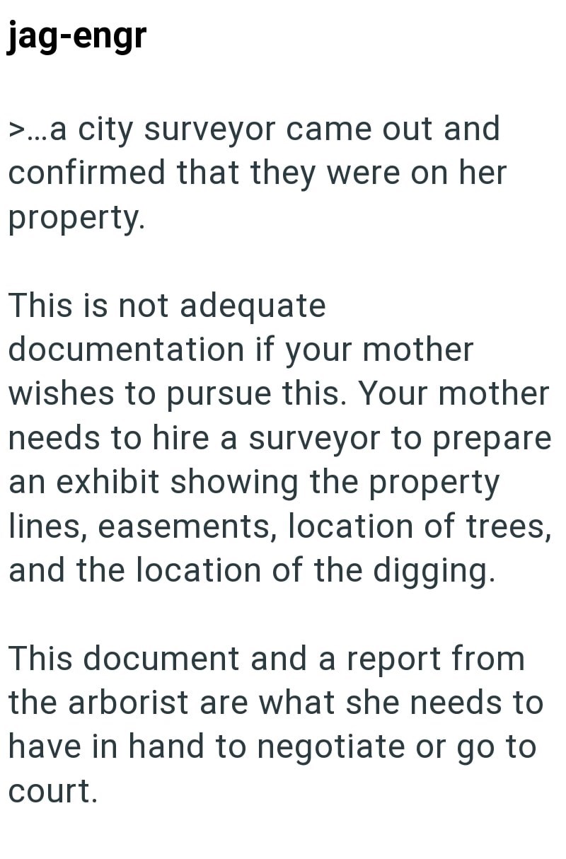 jag-engr >...a city surveyor came out and confirmed that they were on her property. This is not adequate documentation if your mother wishes to pursue this. Your mother needs to hire a surveyor to prepare an exhibit showing the property lines, easements, location of trees, and the location of the digging. This document and a report from the arborist are what she needs to have in hand to negotiate or go to court.