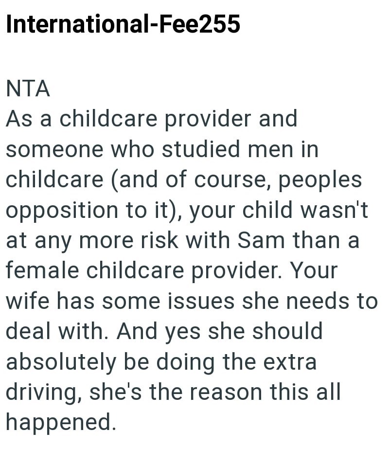International-Fee255 NTA As a childcare provider and someone who studied men in childcare (and of course, peoples opposition to it), your child wasn't at any more risk with Sam than a female childcare provider. Your wife has some issues she needs to deal with. And yes she should absolutely be doing the extra driving, she's the reason this all happened.