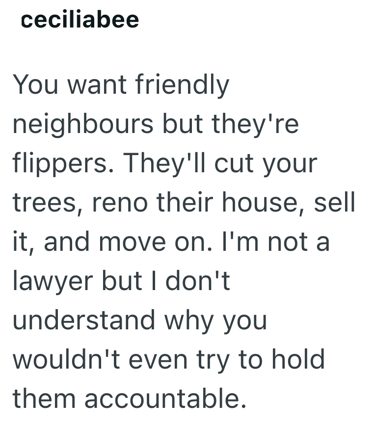 ceciliabee You want friendly neighbours but they're flippers. They'll cut your trees, reno their house, sell it, and move on. I'm not a lawyer but I don't understand why you wouldn't even try to hold. them accountable.