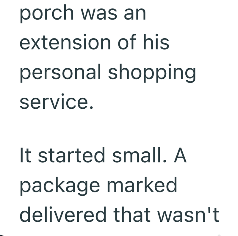 porch was an extension of his personal shopping service. It started small. A package marked delivered that wasn't