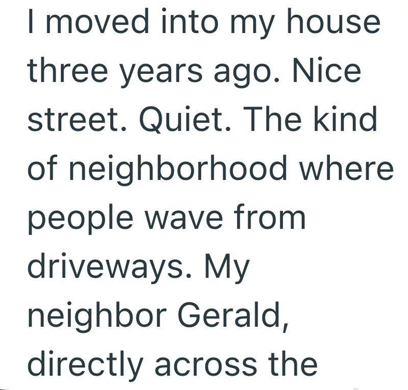 I moved into my house three years ago. Nice street. Quiet. The kind of neighborhood where people wave from driveways. My neighbor Gerald, directly across the