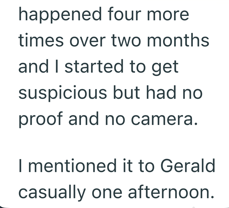 happened four more times over two months and I started to get suspicious but had no proof and no camera. I mentioned it to Gerald casually one afternoon.