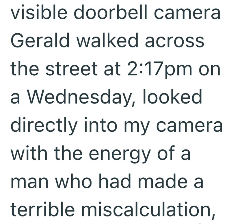 visible doorbell camera Gerald walked across the street at 2:17pm on a Wednesday, looked directly into my camera with the energy of a man who had made a terrible miscalculation,