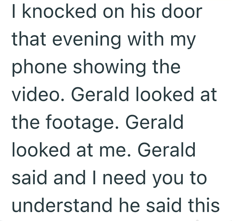 I knocked on his door that evening with my phone showing the video. Gerald looked at the footage. Gerald looked at me. Gerald said and I need you to understand he said this